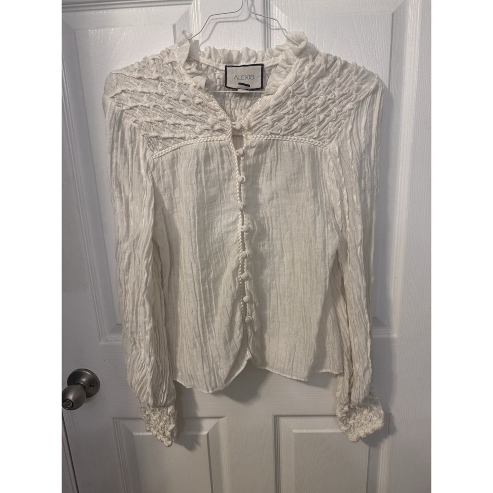 Alexis Women's Xs Ivory Smocked Ruffle Neck Button Front Blouse Cottagecore